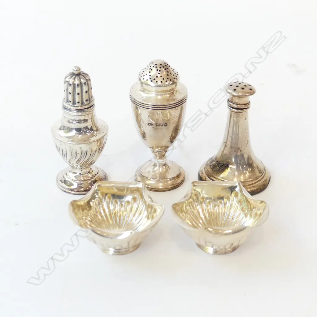 3 STG SILVER CONDIMENTS, WEIGHTED H.75mm + PR SALTS, LONDON 1887 50mm dia Image 1++