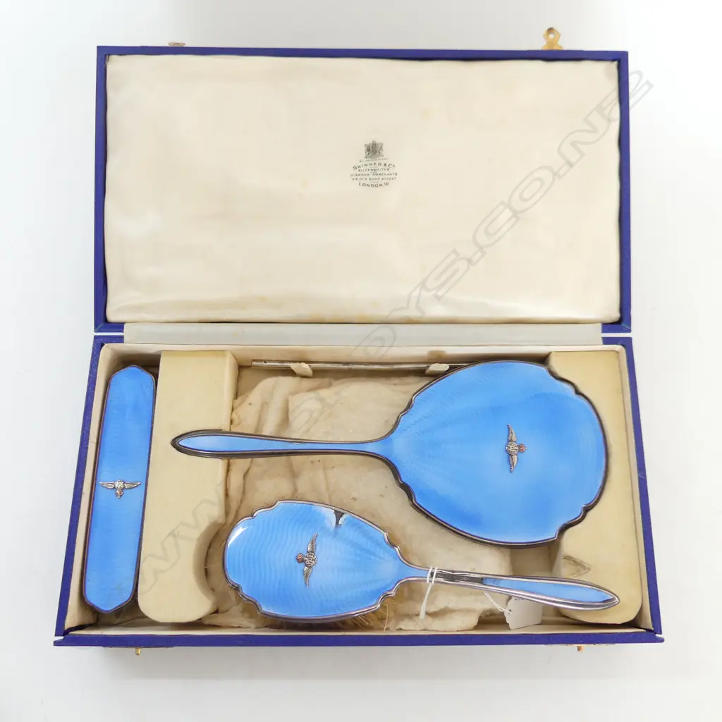 BOXED DRESSING TABLE SET, ST. SILVER & ROYAL BLUE GUILLOCHE ENAMEL w RAF INSIGNIA, BIRM. 1939, (wear to brush) Image 1++