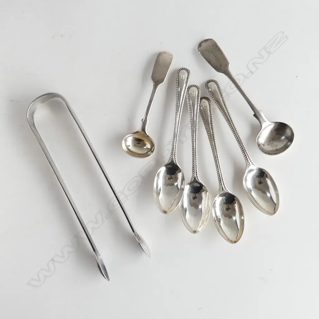 ASST SILVER CUTLERY: 5 bead edge coffee spoons + 2 salt spoons + sugar tongs 100gms Image 1++