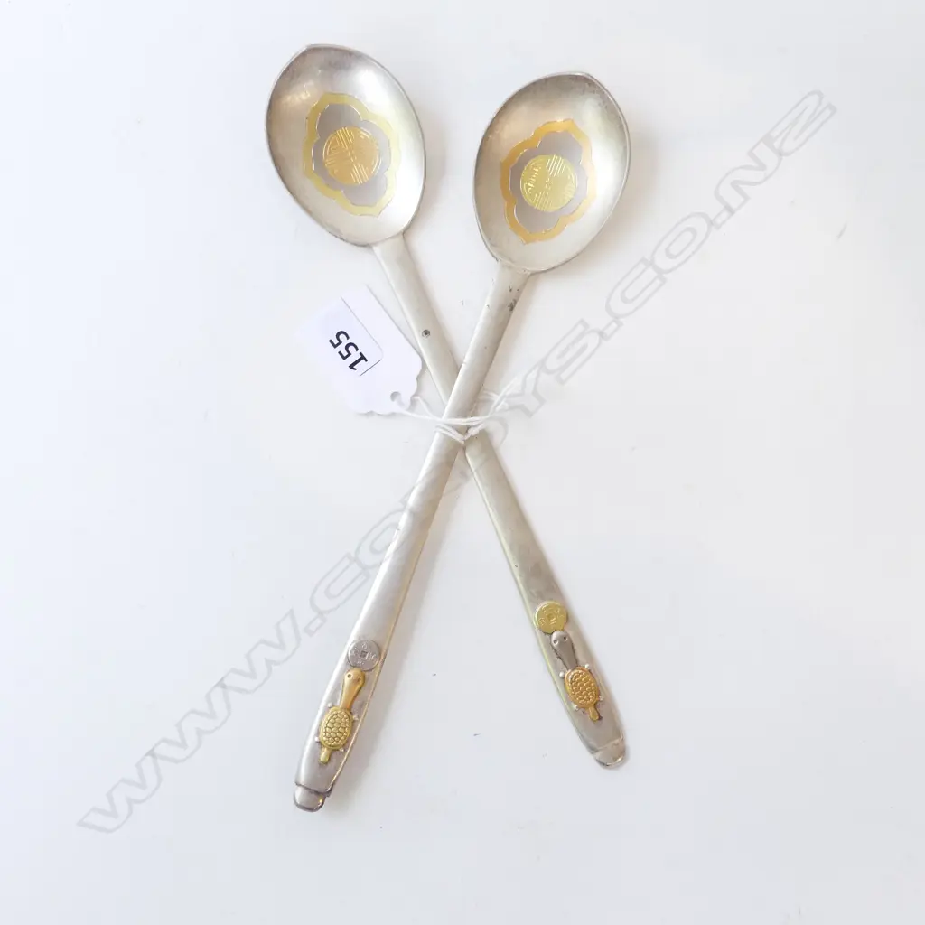 PR CHINESE SILVER SPOONS w. 990 GOLD DECORATION L.213mm 120gm Image 1++