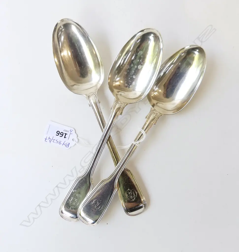 3 STG SILVER TABLESPOONS L.220mm LONDON 1855 270gm Image 1++