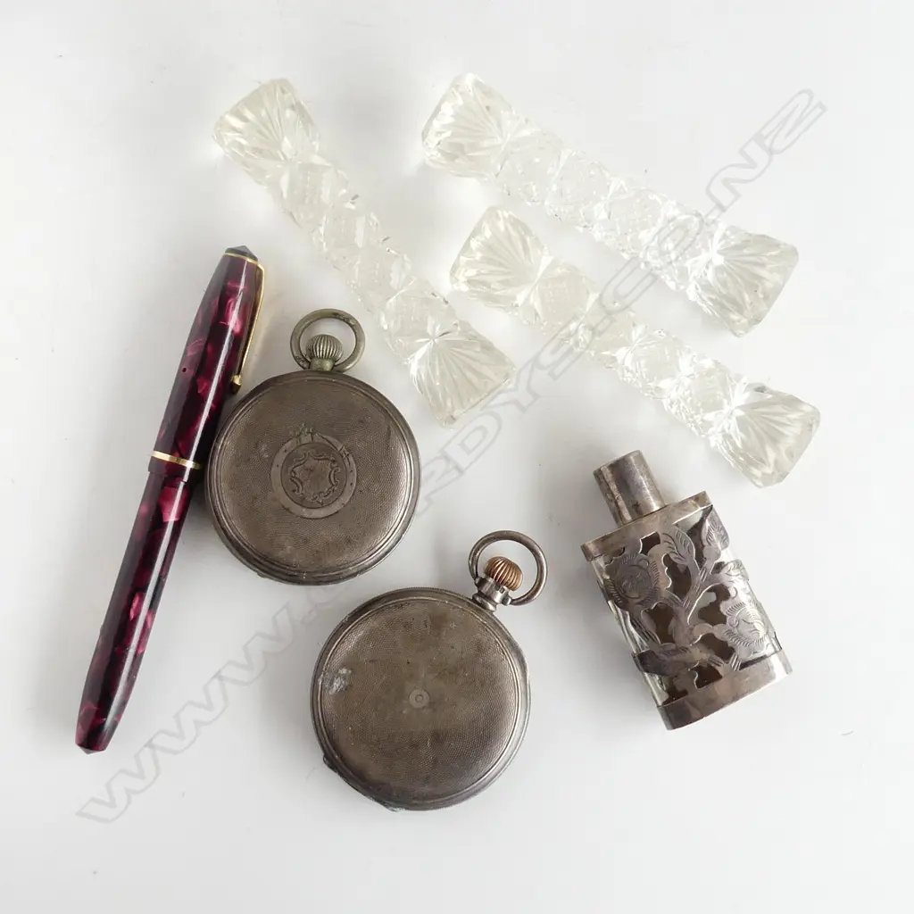 ASST ITEMS: 3 CRYSTAL RESTS 2 WATCHES faulted PEN + SILVER & GLASS PERFUME BOTTLE Image 1++
