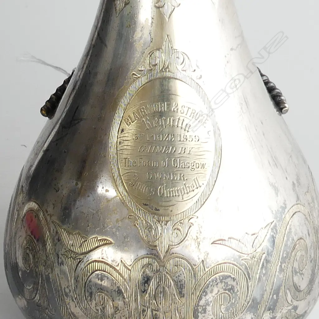 SILVER PLATE CLARET JUG H.280mm 'BLAIRMORE & STRONE REGATTA 3rd PRIZE 1859' Image 1++