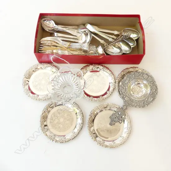 ASST. SILVER PLATE CAKE FORKS, 833 DUTCH SILVER MINI LADLE 21.1gm, COASTERS ETC