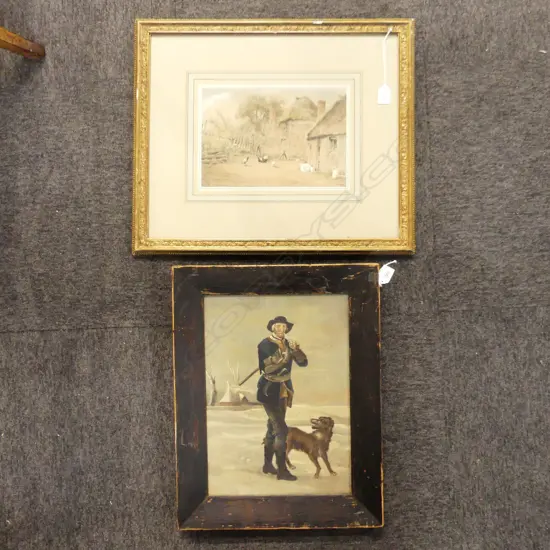 UNSIGNED OIL ON BOARD AFTER T. BARKER (1769-1847) 'THE WOODMAN & HIS DOG' 390x280mm, S.WAGSTAFF FARMYARD WC 200x300mm