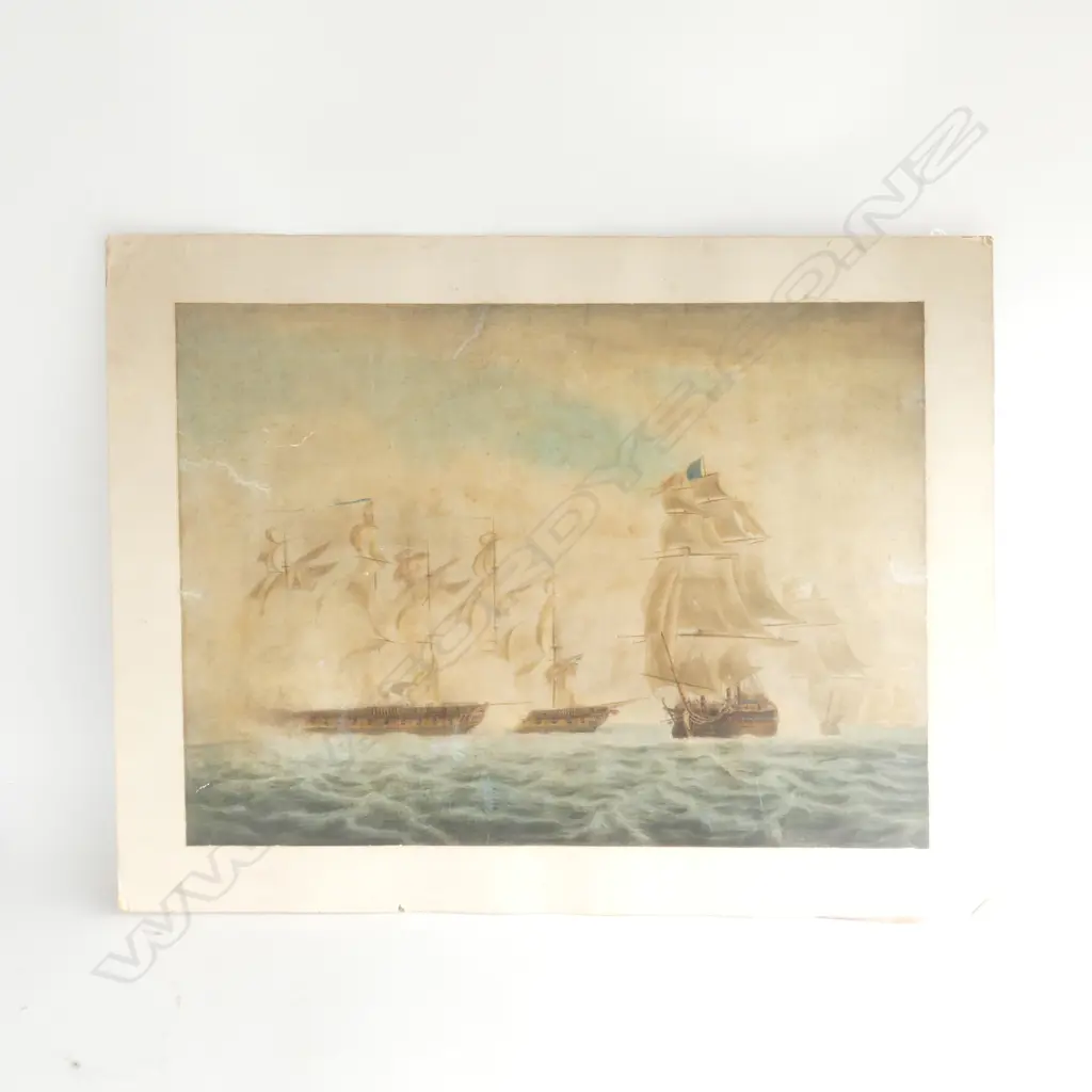 W/C ENGRAVING 19thC BRITISH & FRENCH WARRING SHIPS 410 X 570mm some faults. Unframed Image 1++