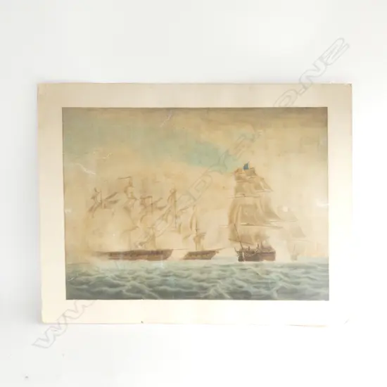 W/C ENGRAVING 19thC BRITISH & FRENCH WARRING SHIPS 410 X 570mm some faults. Unframed