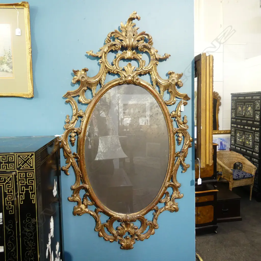 REPRODUCTION OVAL MIRROR WOODEN WITH CARVED CREST. 740X1320mm  Image 1++