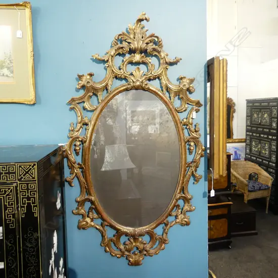 REPRODUCTION OVAL MIRROR WOODEN WITH CARVED CREST. 740X1320mm 