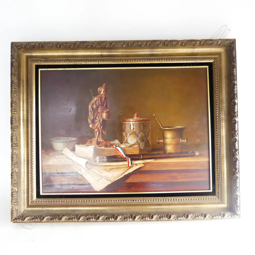 JOSEPH KIVITS 'STILL LIFE WITH CHINESE FIGURE' OIL ON BOARD, SIGNED FRONT & VERSO 440x600mm Image 1++