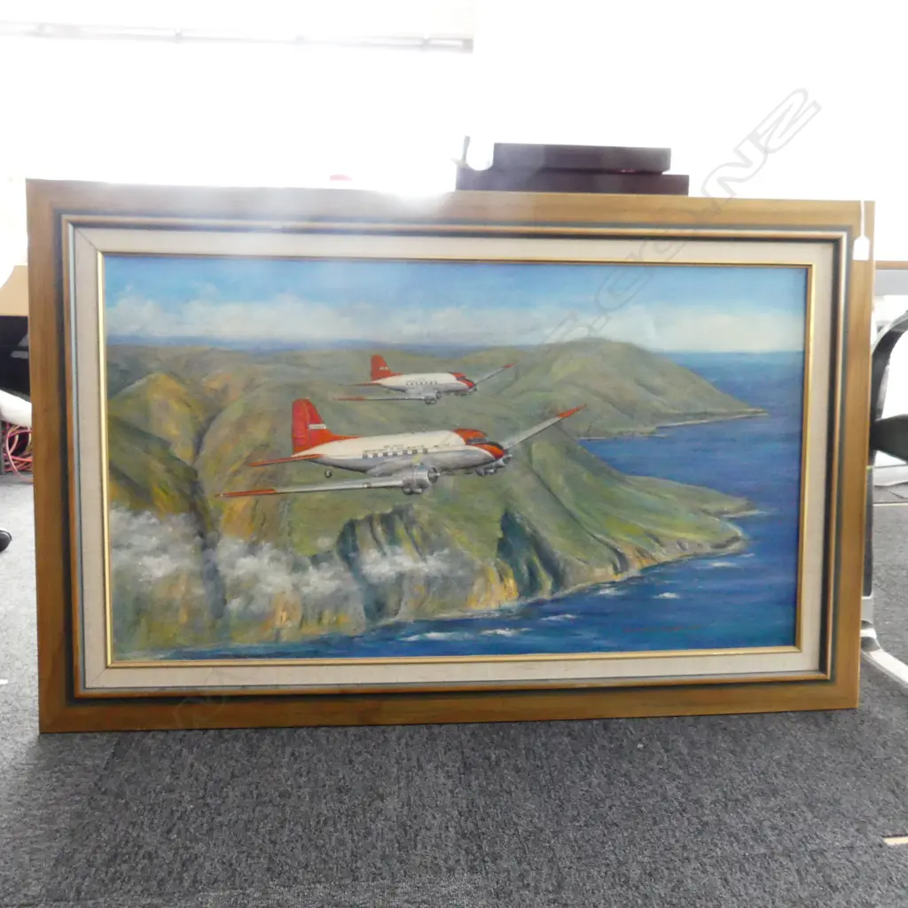 GEORGE GREIG, LG OIL ON CANVAS ARTWORK, 2 DEPARTMENT OF CIVIL AVIATION PLANES, '97 600x1055mm Image 1++