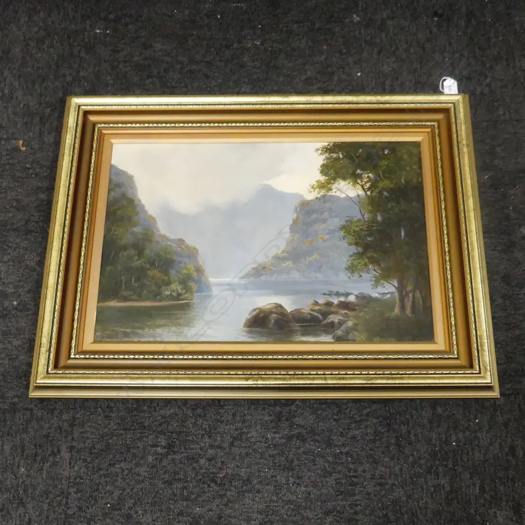 COLONIAL OIL ON BOARD SIGNED VERSO - E. R. RAYNOR? 'TOWARDS THE ARTHUR RIVER, MILFORD SOUND' 370x560mm Image 1++