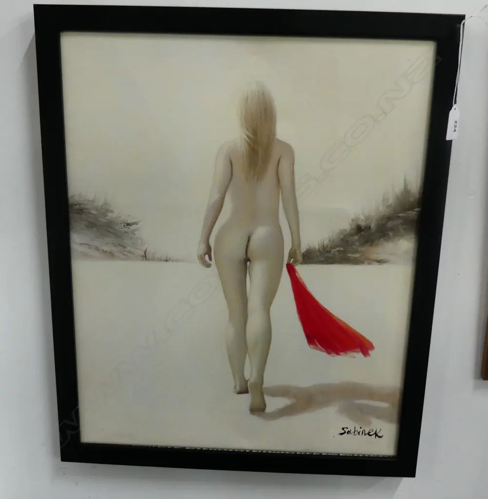 NUDE w. RED TOWEL, ACRYLIC ON CANVAS SIGNED SABINEK 500x400mm Image 1++