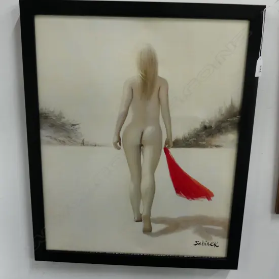 NUDE w. RED TOWEL, ACRYLIC ON CANVAS SIGNED SABINEK 500x400mm
