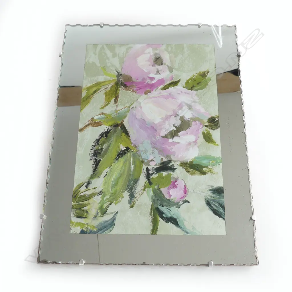 VINTAGE SCALLOPED EDGED MIRROR w PINK FLORAL INSERT Image 1++