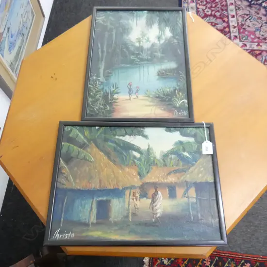 RTV ASK HAMISH 2 NIGERIAN 'VILLAGE LIFE' PAINTINGS, OIL ON BOARD, 270 x 380mm