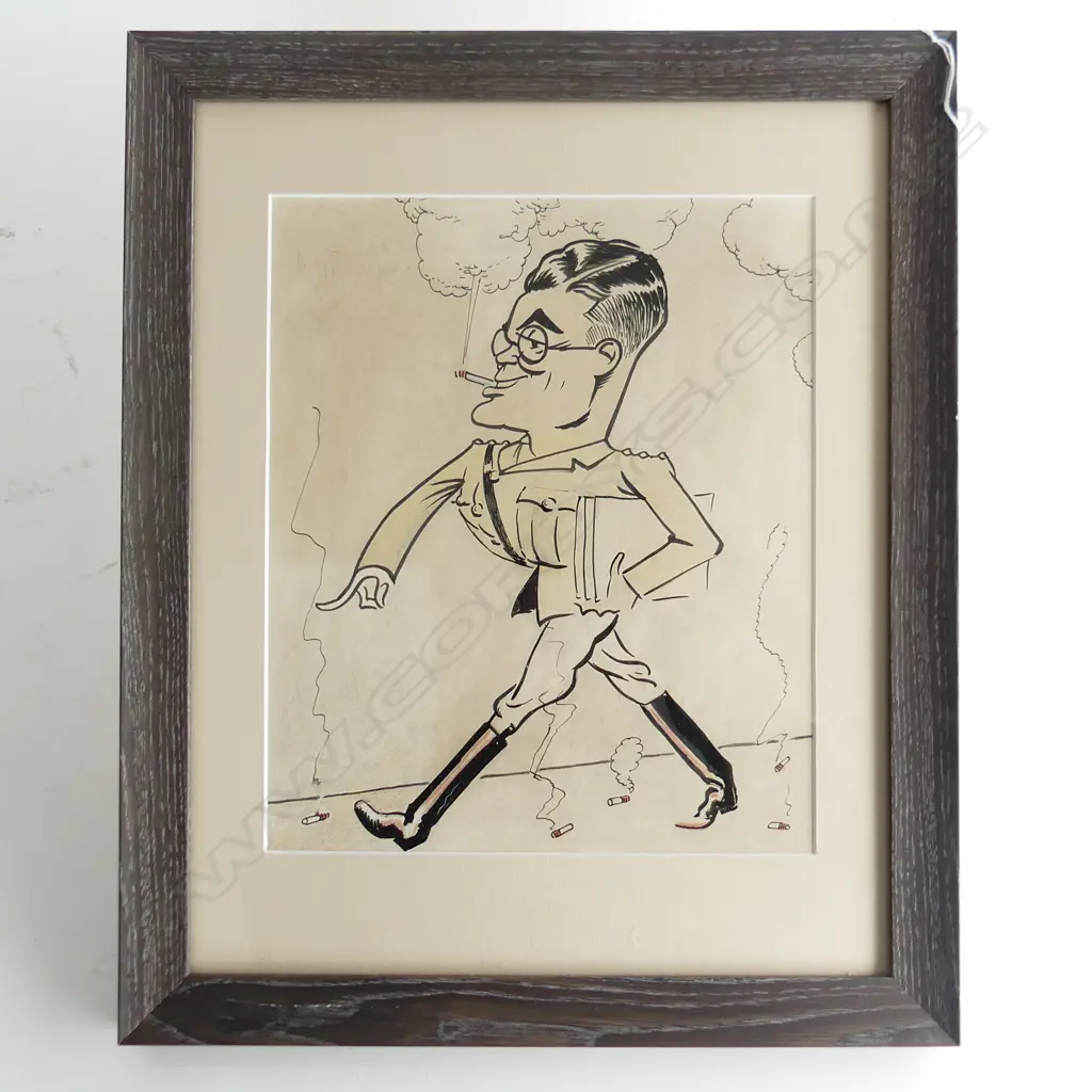 FRAMED DRAWING, SMOKING OFFICER CARICATURE 310x260mm  Image 1++