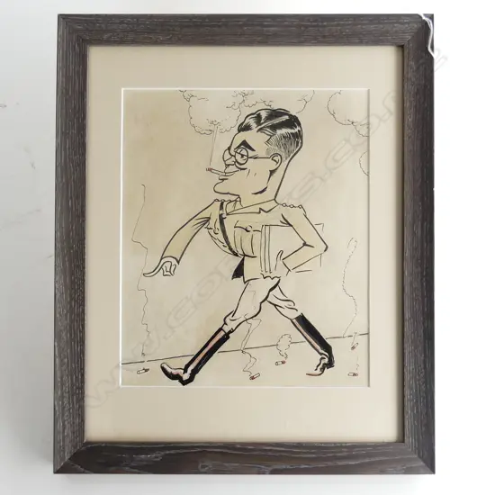 FRAMED DRAWING, SMOKING OFFICER CARICATURE 310x260mm 