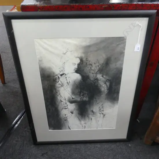 CHARCOAL SKETCH OF A WOMAN NEXT TO A SKELETON. SIGNED 'JOHN 97' 570x400mm
