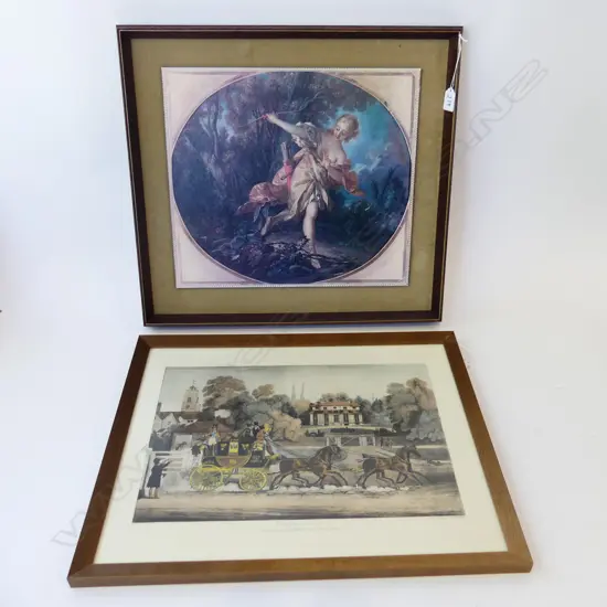 2 18thC STYLE PRINTS; BOUCHER 'SYLVIE' 375x420, ROYAL MAIL COACH 360x490mm 