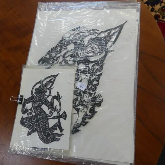 6 THAI LEATHER STYLISED CUT-OUTS: 2 larger 450 x 340mm + 4 smaller 240 x 165mm