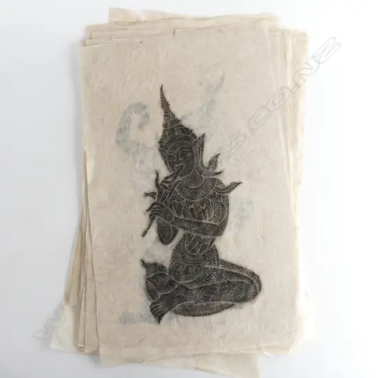 16 THAI CHARCOAL RUBBINGS. sTYLISED MUSCIANS + DANCERS + HORSES handmade paper 500 X 330mm
