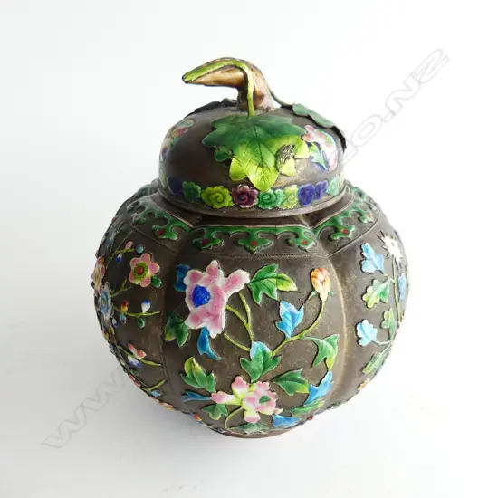 ANTIQUE CHINESE ENAMEL ON METAL TEA CADDY - MELON FORM H.180mm