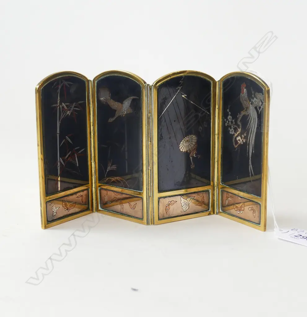 JAPANESE MEIJI PERIOD SHAKUDO GILT 4 PANEL SCREEN - NAGOYA MARK H.100mm W.195mm Image 1++