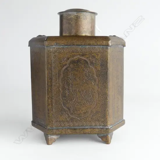 CHINESE BRONZE TEA CADDY DECORATED WITH POEM, LANDSCAPE & BATS H.150mm