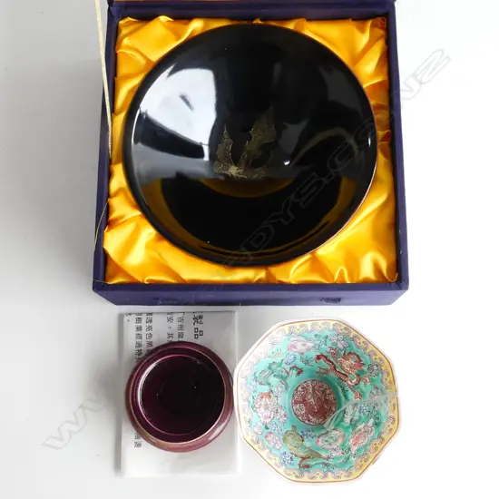 CHINESE EGG SHELL PORCELAIN REPUBLIC ? EXPORT BOWL famille rose. Dia.98mm. on stand + BOXED BOWL Dia.160mm black & gold