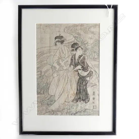 TOYOKUNI 19thC JAPANESE PRINT, 2 WOMAN WASHING 355x240mm