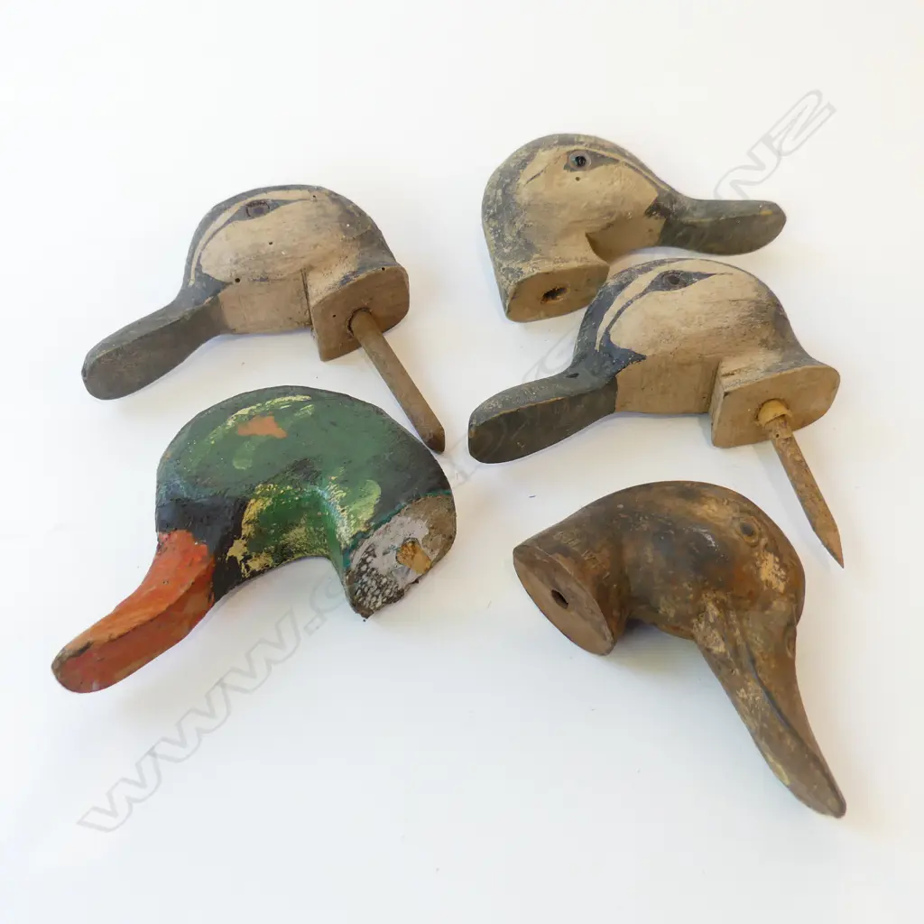 FIVE VINTAGE WOODEN DUCK DECOY HEADS L.12CM Image 1++