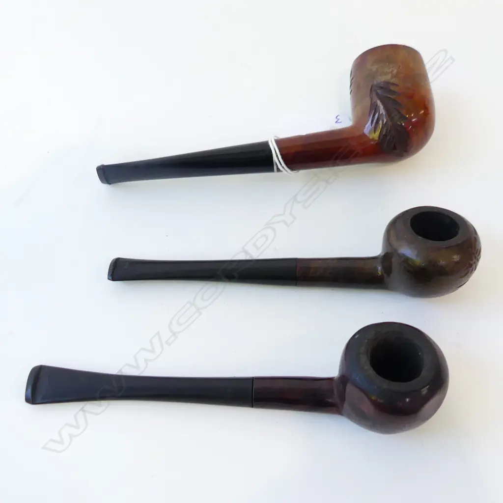 THREE VINTAGE BRIAR SMOKING PIPES – LOURDES ETC, ALL STAMPED L.14CM Image 1++