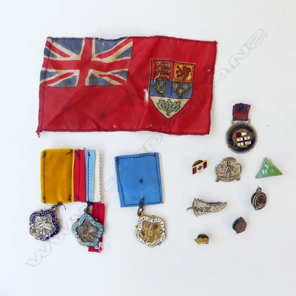 TRAY OF OLD ENAMEL BADGES & FLAG – NZS RANGITOTO, LONDON ACADEMY OF MUSIC, GIRL GUIDES, YHA, CANADA ETC Image 1++