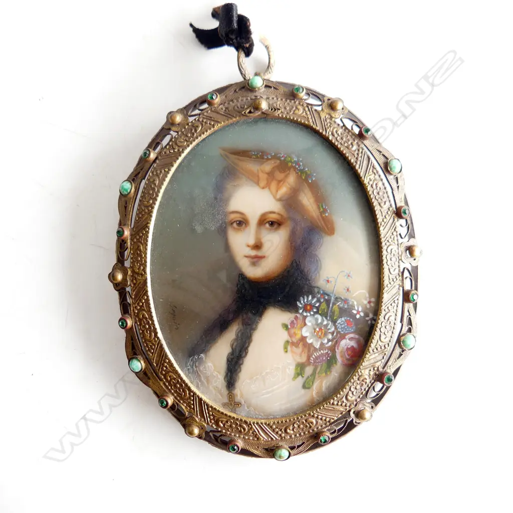 HANDPAINTED MINATURE, WOMAN w FLORAL BOUQUET IN BEJEWELLED FRAME, c1900 Image 1++