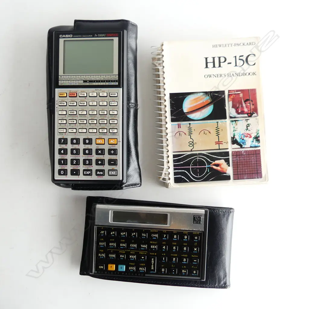 2 LEATHER CASED SCIENTIFIC CALCULATORS w ADVANCED MATHEMATICAL CAPABILITIES, HP15C w HANDBOOK & CASIO Image 1++