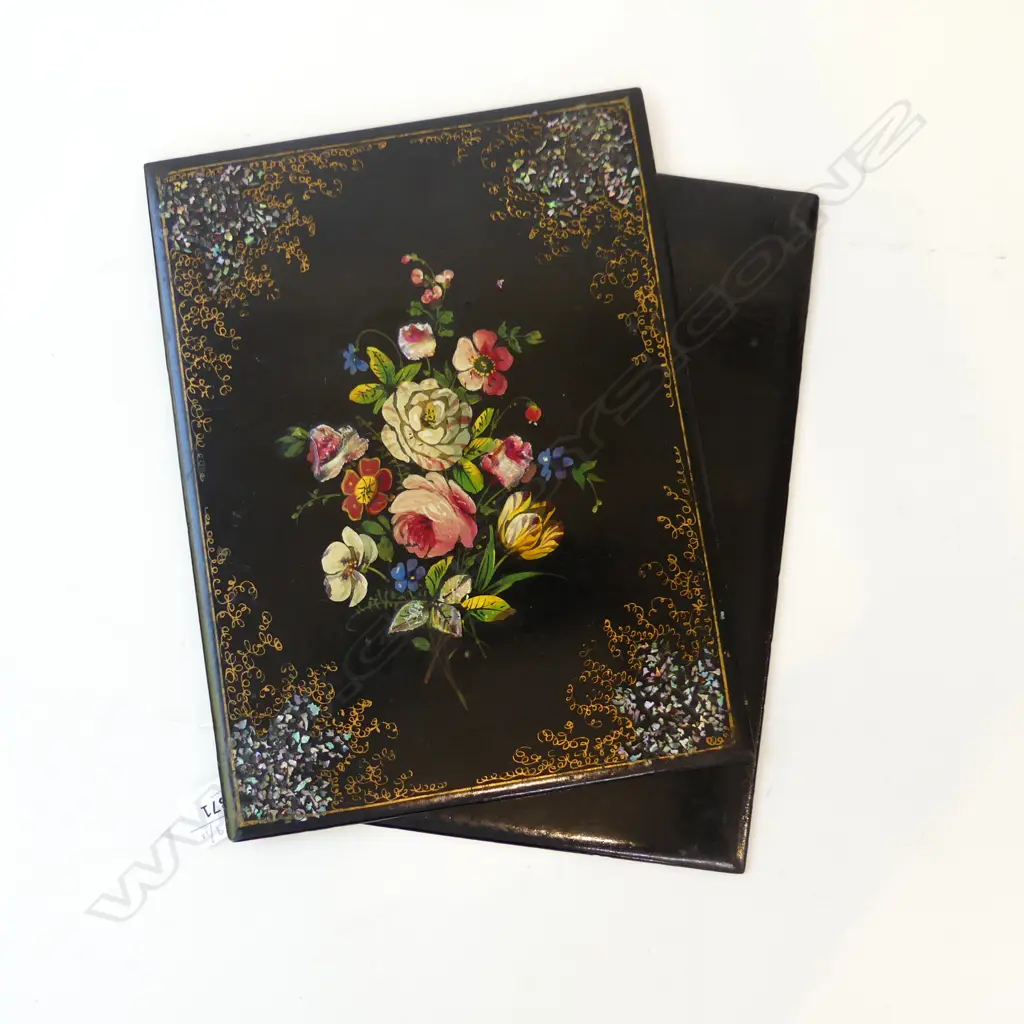VICTORIAN INLAID LACQUER BOOK COVER AND REVERSE COVER L.30CM Image 1++