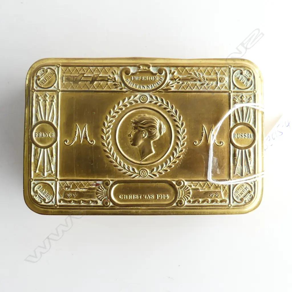 RARE QUEEN MARY WWI BRASS TIN with original contents 'CIGARETTES' & 'TOBACCO' Image 1++