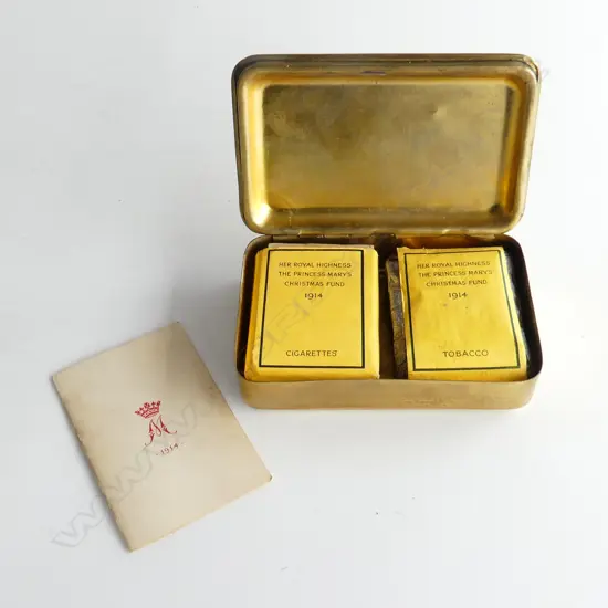 RARE QUEEN MARY WWI BRASS TIN with original contents 'CIGARETTES' & 'TOBACCO'
