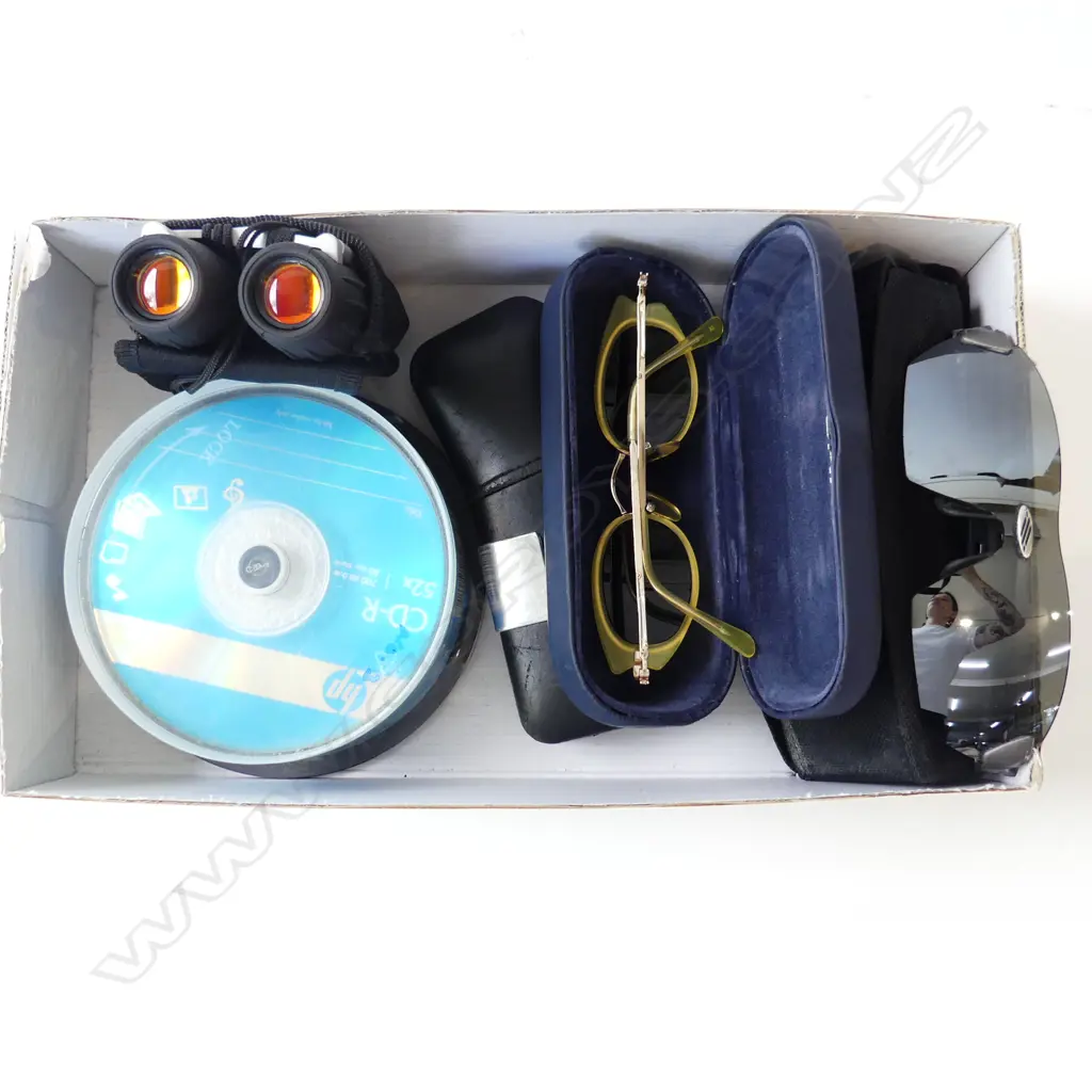 KATHMANDU MINI BINOCULARS, UNOPENED 52 hp CD-R DISCS & 2 PAIRS SUNGLASSES & AN EMPTY CASE Image 1++