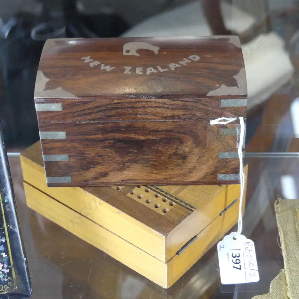 2 WOODEN BOXES; SOLITAIRE & PLAYING CARDS L.130mm Image 1++