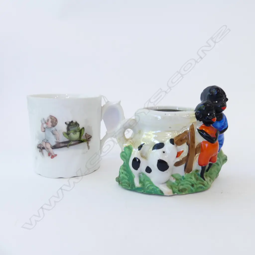  TWO ANTIQUE CHILDREN’S MUGS – BOY WITH FROG, AND BLACK CHILDREN WITH DOG Image 1++