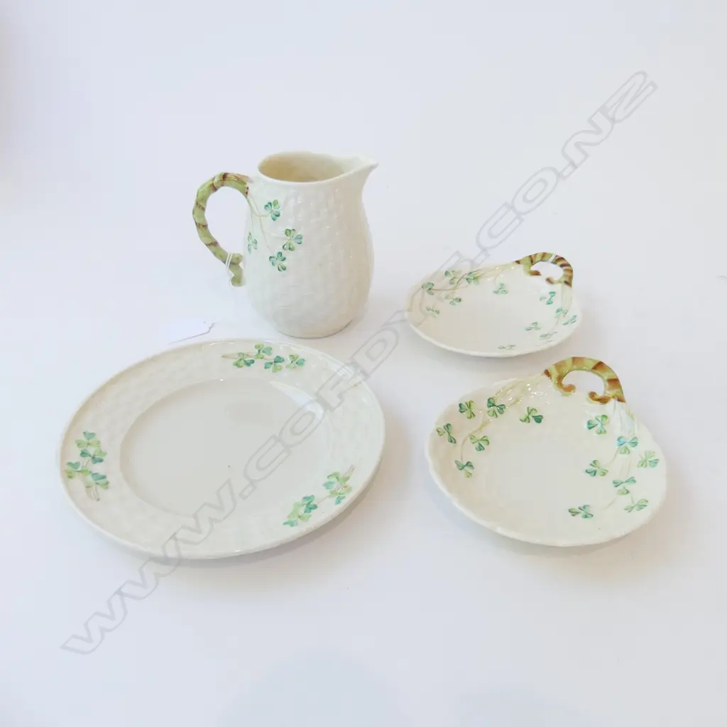 BELLECK SHAMROCK PAT JUG 2 DISHES & PLATE Image 1++