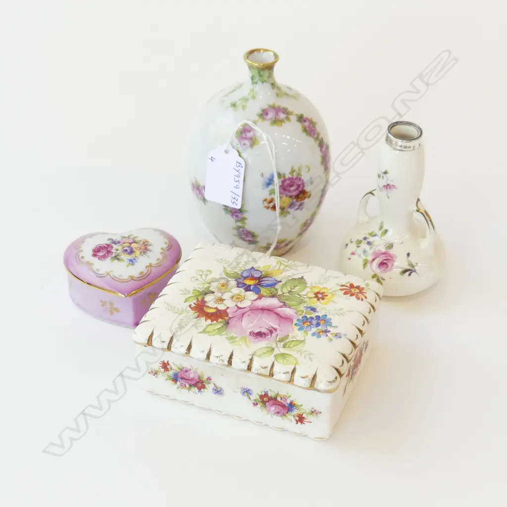 FOUR FLORAL CHINA ITEMS – STG MOUNTED VASE LONDON 1918,  WEDGWOOD BOX, GERMAN VASE & TRINKET BOX Image 1++