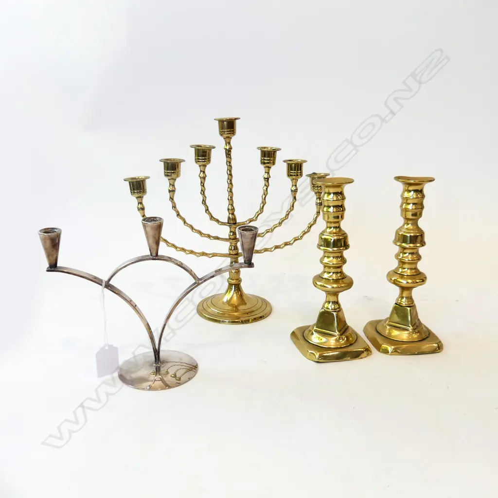 4 METAL CANDLESTICKS (PR + 2) H.265mm + PR STAFFORDSHIRE SPILL VASES H.175mm REPAIRS Image 1++