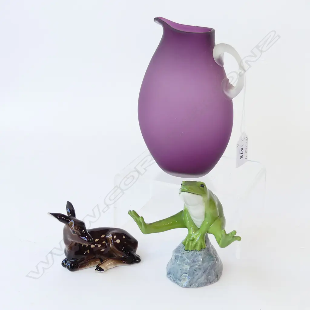 3 PCS, ART GLASS PURPLE JUG, AUSTRIAN CHINA DEER & ROYAL COPENHAGEN FROG ON ROCK Image 1++