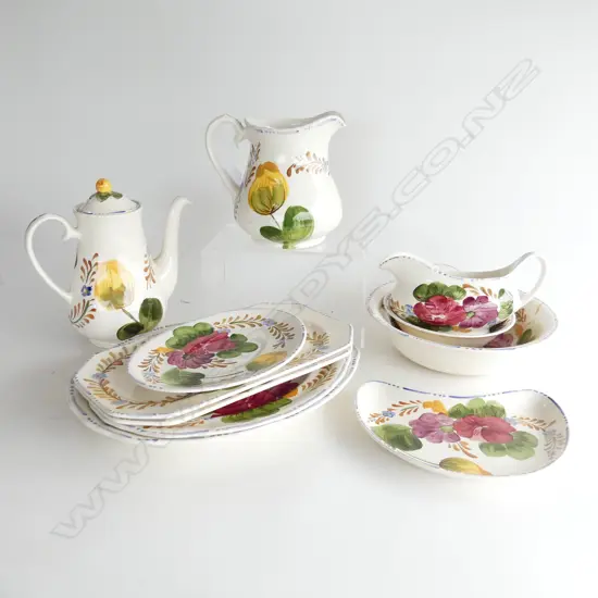 12 PCS ENGLISH BELLE FIORE INCLDS GRAVY BOAT, LRG JUG, COFFEE POT, 6 SERVING PLATES & OTHERS (some discoloured)