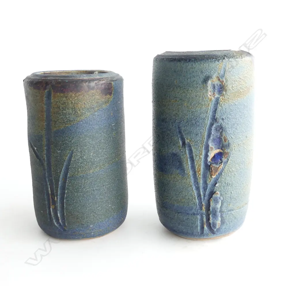 PR BLUE JAPANESE WOODFIRED POST VASES w RINGS ATTATCHED, TALLEST H.130mm Image 1++