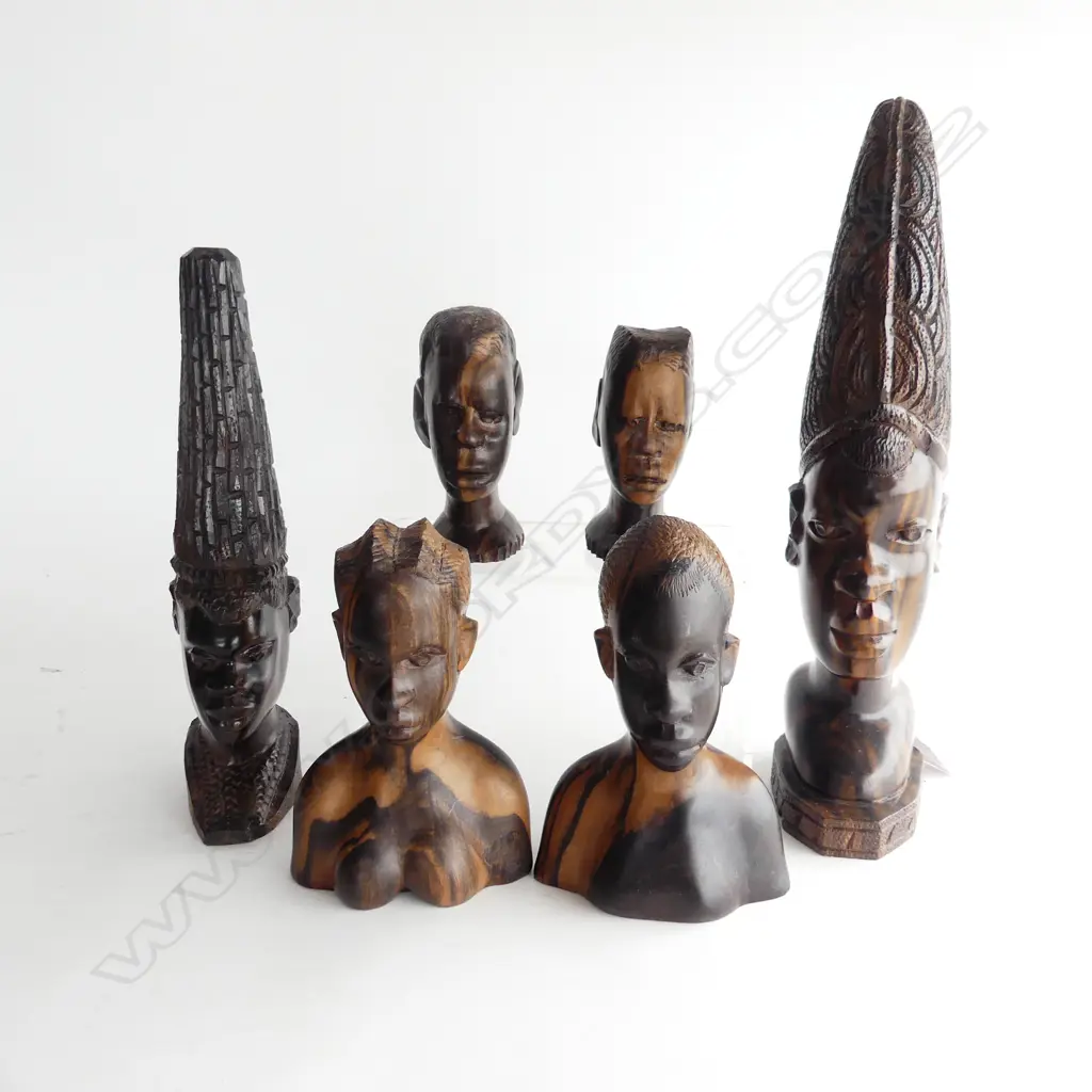 SIX AFRICAN ZEBRAWOOD BUSTS RANGING FROM 350 TO 115mm Image 1++