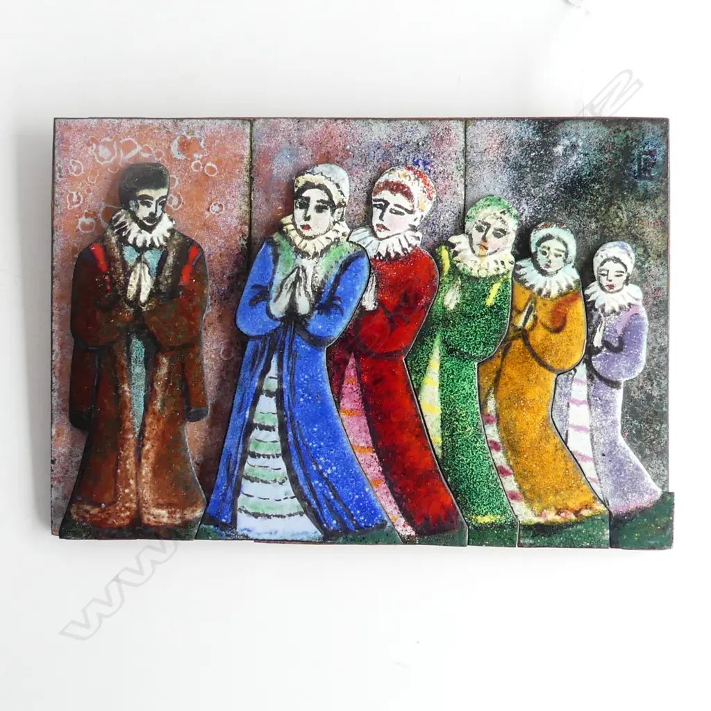 RUTH COYLE ENAMELLED BRASS FIGURES ON PLAQUE 'Brother & Sisters' labelled verso 195 x 133mm. Image 1++